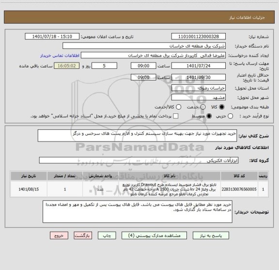 استعلام خرید تجهیزات مورد نیاز جهت بهینه سازی سیستم کنترل و آلارم پست های سرخس و درگز