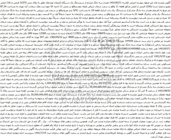 آگهی مزایده  سه دانگ مشاع از ششدانگ یک دستگاه آپارتمان نوع ملک طلق به پلاک ثبتی 31575 فرعی از 116 اصلی مفروز 