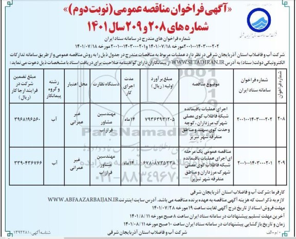 فراخوان مناقصه اجرای عملیات باقیمانده شبکه فاضلاب کوی مصلی ... - نوبت دوم