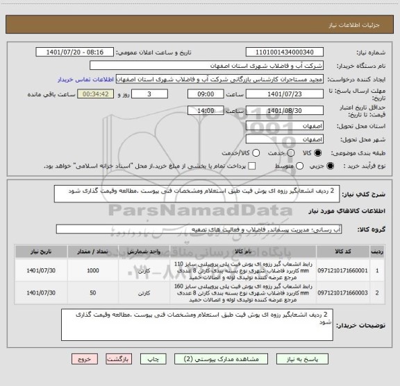 استعلام   2 ردیف انشعابگیر رزوه ای پوش فیت طبق استعلام ومشخصات فنی پیوست .مطالعه وقیمت گذاری شود