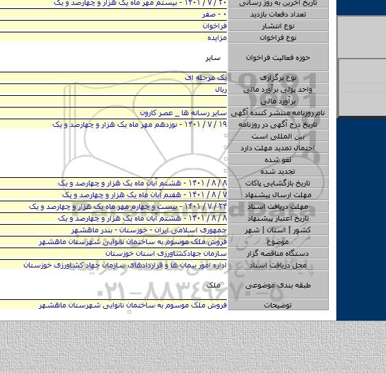 مزایده, فروش ملک موسوم به ساختمان نانوایی شهرستان ماهشهر