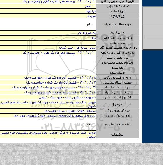 مزایده, فروش ملک موسوم به مرکز خدمات جهاد کشاورزی دهستان فتح المبین شهرستان شوش