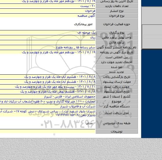 مناقصه, عملیات ۱۱۰۰۰ متر لوله گذاری و نصب ۶۰۰  فقره انشعاب آب درکیان اباد و قره باغ