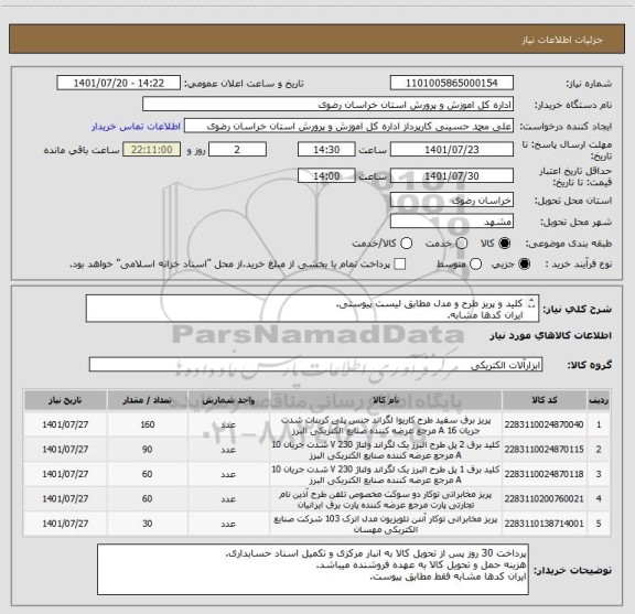 استعلام کلید و پریز طرح و مدل مطابق لیست پیوستی.
ایران کدها مشابه.
فقط مطابق لیست پیوستی به غیر ترتیب اثر داده نخواهد شد.