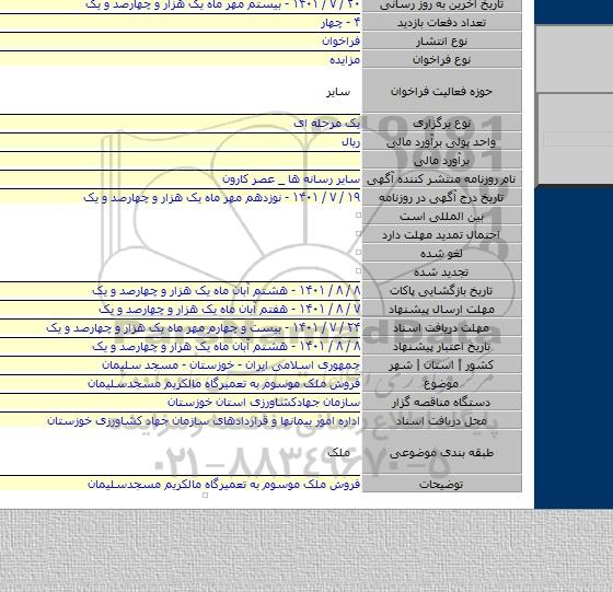 مزایده, فروش ملک موسوم به تعمیرگاه مالکریم مسجدسلیمان