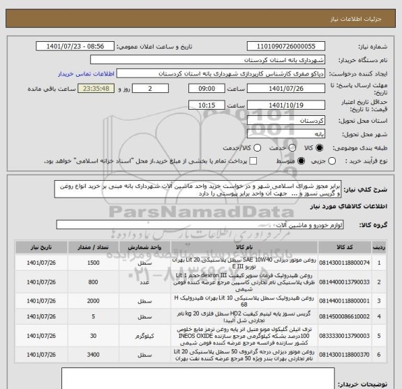 استعلام برابر مجوز شورای اسلامی شهر و در خواست خرید واحد ماشین آلات شهرداری بانه مبنی بر خرید انواع روغن و گریس نسوز و ...  جهت آن واحد برابر پیوستی را دارد