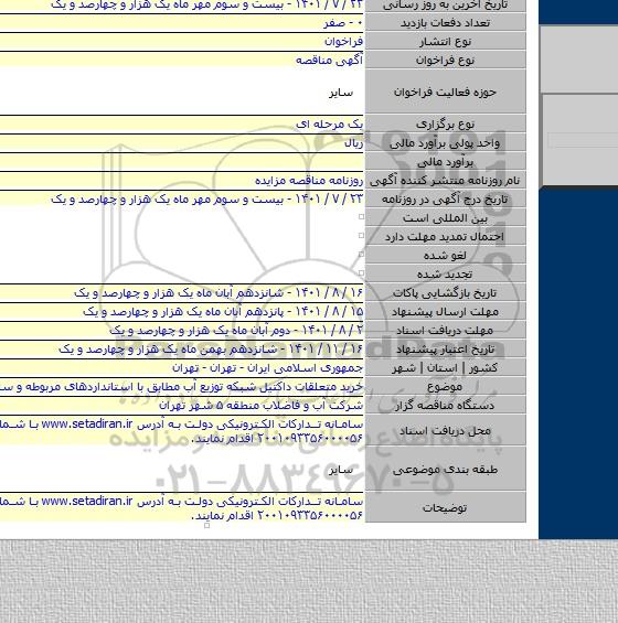 مناقصه, خرید متعلقات داکتیل شبکه توزیع آب مطابق با استانداردهای مربوطه و ساخت ایران