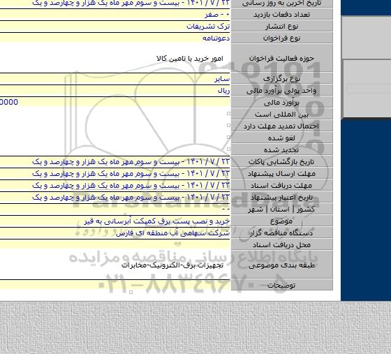 مناقصه, خرید و نصب پست برق کمپکت آبرسانی به قیر