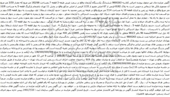 آگهی مزایده ششدانگ یکدستگاه آپارتمان واقع در سمت غربی طبقه 3 قطعه 7 بمساحت 182/68 متر مربع که مقدار 3/55 متر مربع