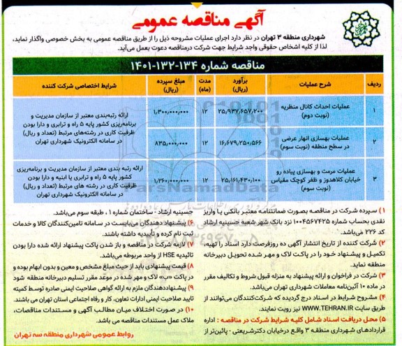 مناقصه عمومی عملیات احداث کانال منظریه و...