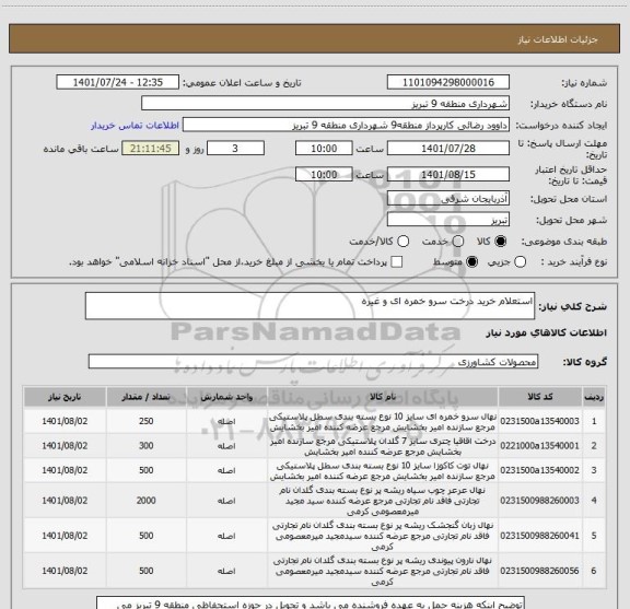 استعلام استعلام خرید درخت سرو خمره ای و غیره