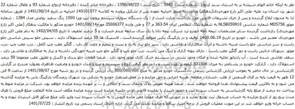 آگهی مزایده یک دستگاه سواری سیستم پروتون تیپ ویرا 1500 