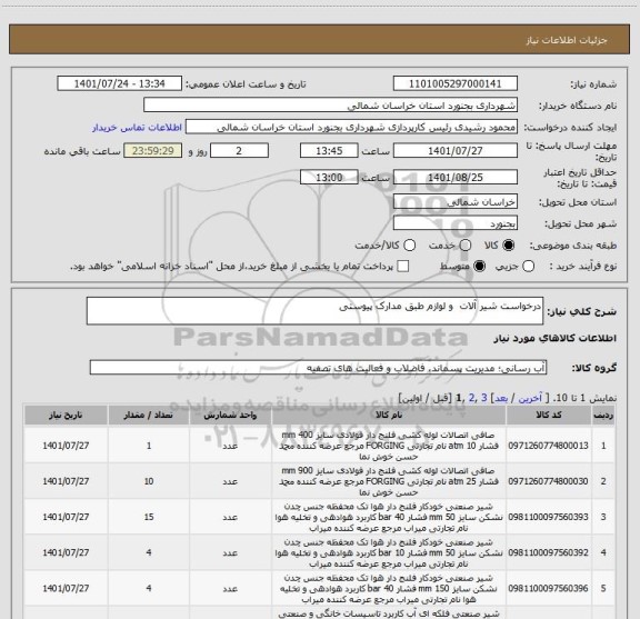 استعلام درخواست شیر آلات  و لوازم طبق مدارک پیوستی