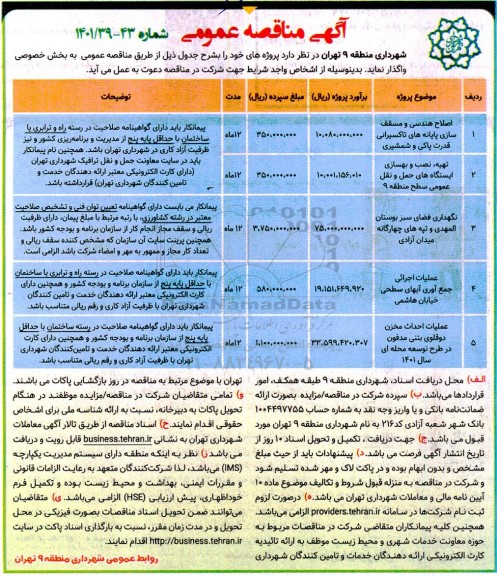 مناقصه اصلاح هندسی و مسقف سازی پایانه های تاکسیرانی قدرت پاکی و شمشیری...