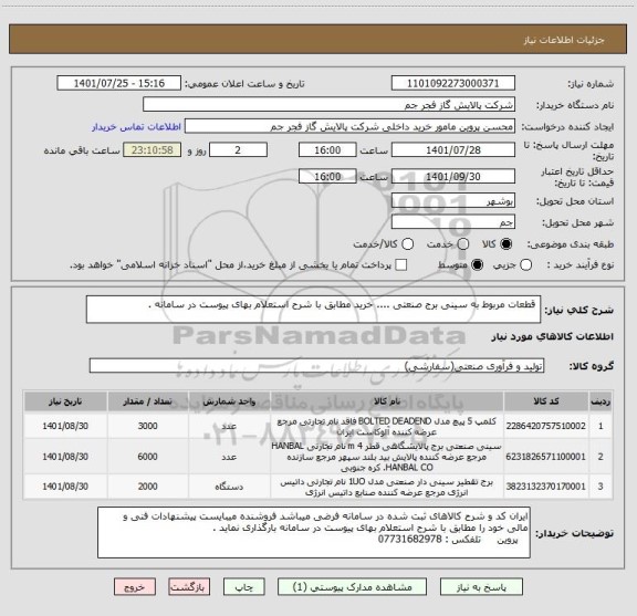 استعلام  قطعات مربوط به سینی برج صنعتی .... خرید مطابق با شرح استعلام بهای پیوست در سامانه .