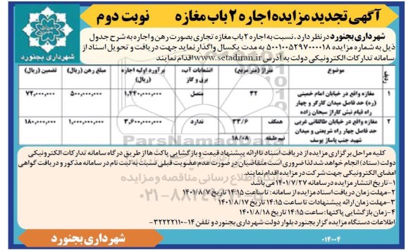 مزایده اجاره 2 باب مغازه تجاری تجدید نوبت دوم 