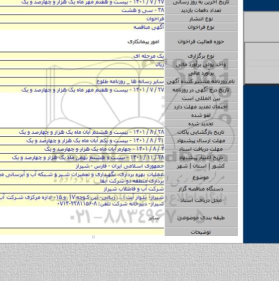 مناقصه, عملیات بهره برداری، نگهداری و تعمیرات شیر و شبکه آب و آبرسانی محدوده بهره برداری منطقه دو شرکت آبفا