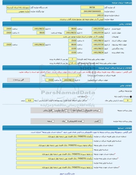 مزایده ، فروش 5 باب مغازه طبقه اول مجتمع تجاری آفتاب درخشان  -مزایده مغازه  - استان کردستان