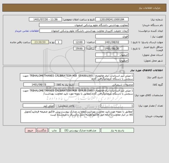 استعلام 1 میلی لیتر استاندارد تری هالومتان TRIHALOMETHANES CALIBRATION MIX  EPA501/601 جهت سنجش با دستگاه کروماتوگرافی گازی