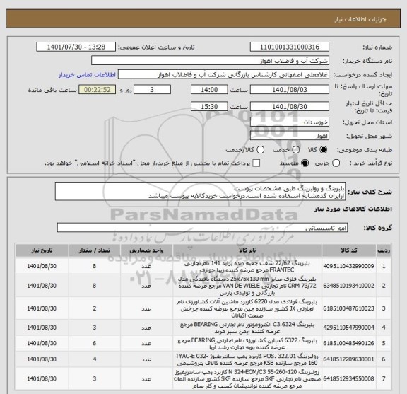 استعلام بلبرینگ و رولبرینگ طبق مشخصات پیوست
ازایران کدمشابه استفاده شده است.درخواست خریدکالابه پیوست میباشد