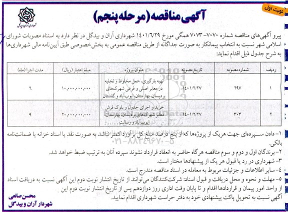 مناقصه تهیه، بارگیری، حمل مخلوط و تخلیه در معابر اصلی و فرعی .... مرحله پنجم نوبت اول 