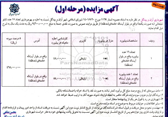 مزایده اجاره و بهره برداری تعداد 17 عدد تابلو تبلیغاتی  - مرحله اول نوبت دوم 