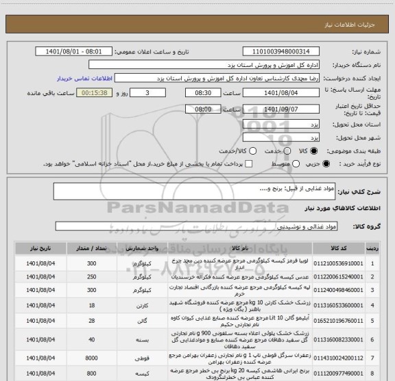 استعلام مواد غذایی از قبیل: برنج و....