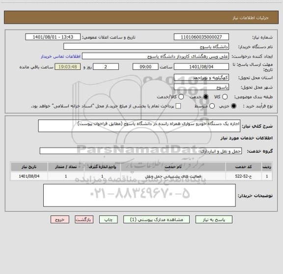 استعلام اجاره یک دستگاه خودرو سواری همراه راننده در دانشگاه یاسوج (مطابق فراخوان پیوست)