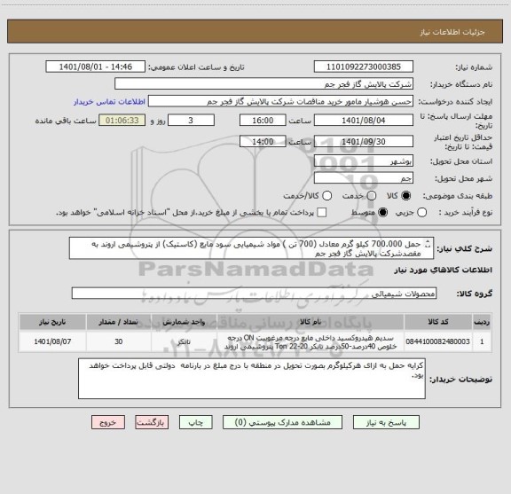 استعلام حمل 700.000 کیلو گرم معادل (700 تن ) مواد شیمیایی سود مایع (کاستیک) از پتروشیمی اروند به مقصدشرکت پالایش گاز فجر جم