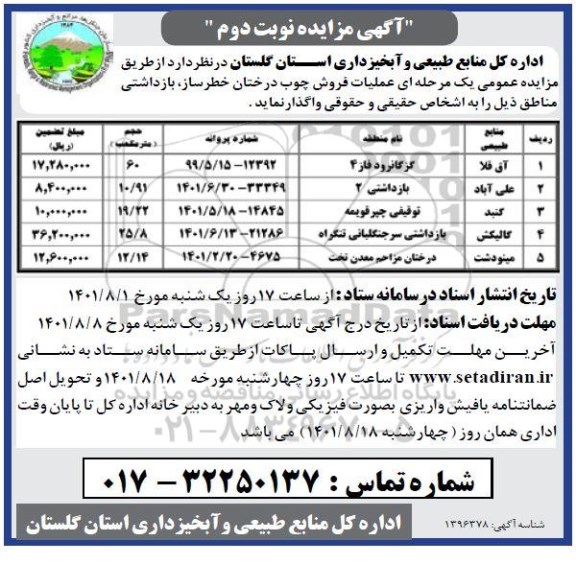 مزایده عملیات فروش چوب درختان خطرساز، بازداشتی - نوبت دوم