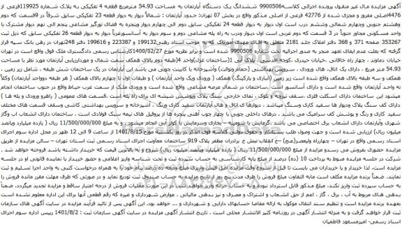 آگهی مزایده ششدانگ یک دستگاه آپارتمان به مساحت 54.93 مترمربع قطعه 4 تفکیکی به پلاک شماره 119925فرعی از 4476اصلی