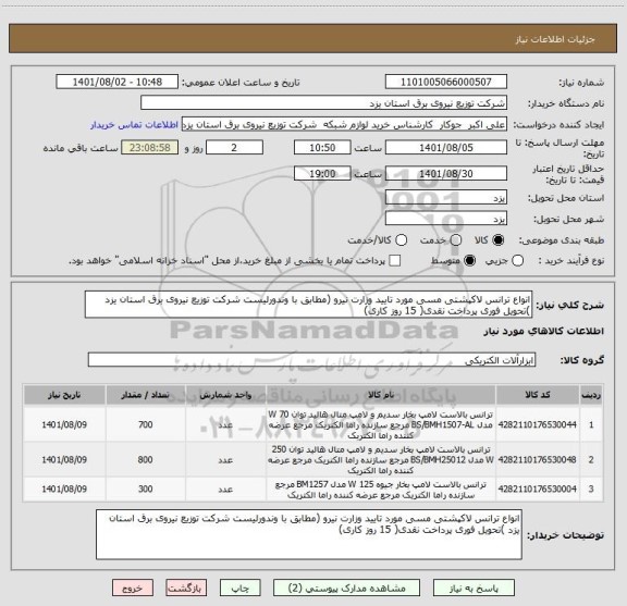 استعلام انواع ترانس لاکپشتی مسی مورد تایید وزارت نیرو (مطابق با وندورلیست شرکت توزیع نیروی برق استان یزد )تحویل فوری پرداخت نقدی( 15 روز کاری)