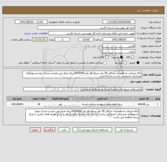 استعلام ارائه خدمات به همیاران حداکثر 30 نفر سرانه هر نفر 3220000 ریال مرکز می بایست مدرک دوره تسهیلگری مشارکت اجتماعی زنان را داشته باشد