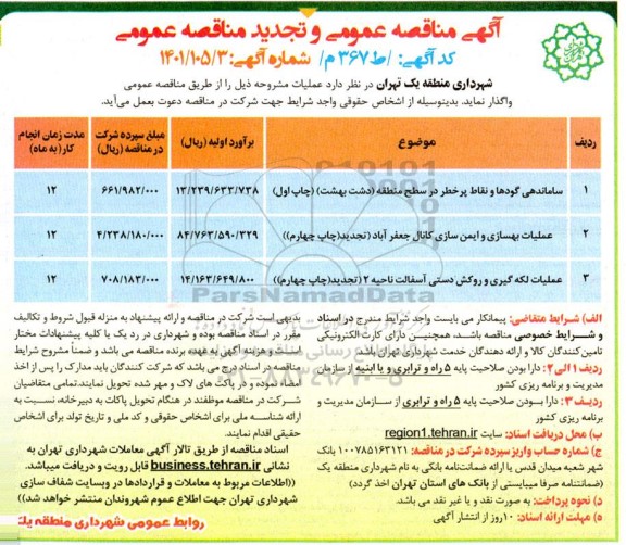 مناقصه ساماندهی گودها و نقاط پرخطر در سطح منطقه ....تجدید