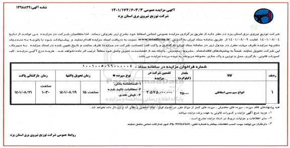 مزایده انواع سیم مسی اسقاطی 