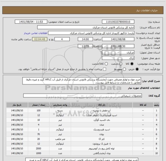 استعلام خرید مواد و لوازم مصرفی جهت آزمایشگاه پزشکی قانونی استان مرکزی از قبیل آب HPLC گرید و غیره دقیقا مطابق با مشخصات و شرایط فایل پیوست.