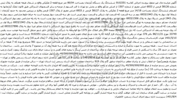 آگهی مزایده ششدانگ یک دستگاه آپارتمان بمساحت 80/04 متر مربع قطعه 2 تفکیکی 