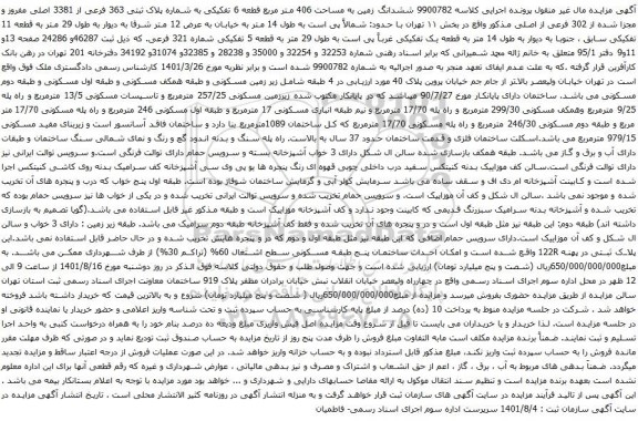 آگهی مزایده ششدانگ زمین به مساحت 406 متر مربع قطعه 6 تفکیکی به شماره پلاک ثبتی 363 فرعی از 3381 اصلی مفروز و مجزا شده از 302 فرعی از اصلی 