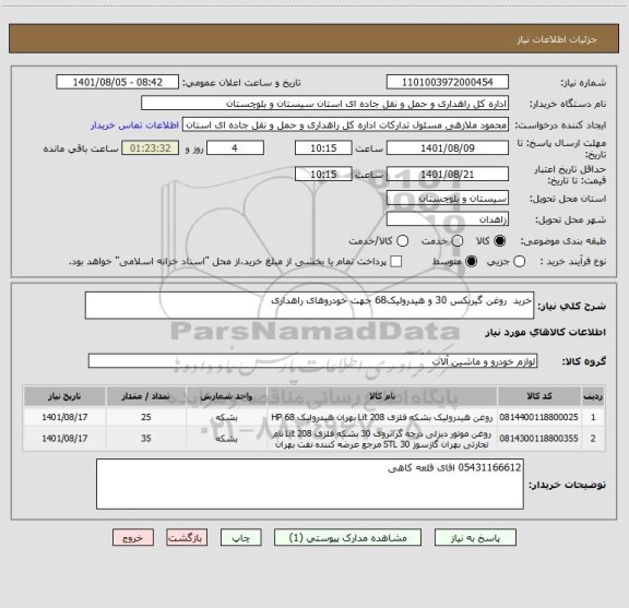 استعلام خرید  روغن گیربکس 30 و هیدرولیک68 جهت خودروهای راهداری