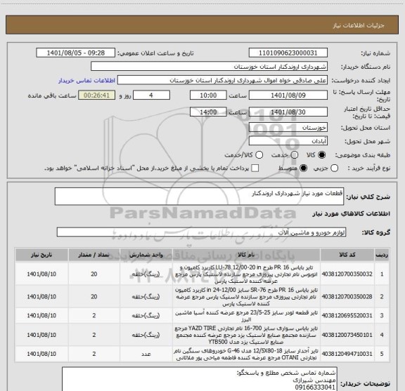 استعلام قطعات مورد نیاز شهرداری اروندکنار