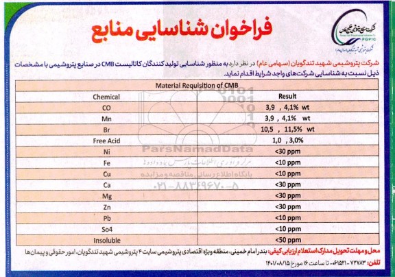 فراخوان شناسایی تولیدکنندگان کاتالیست CMB در صنایع پتروشیمی 