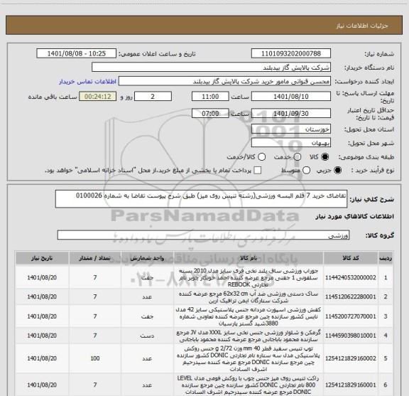 استعلام تقاضای خرید 7 قلم البسه ورزشی(رشته تنیس روی میز) طبق شرح پیوست تقاضا به شماره 0100026