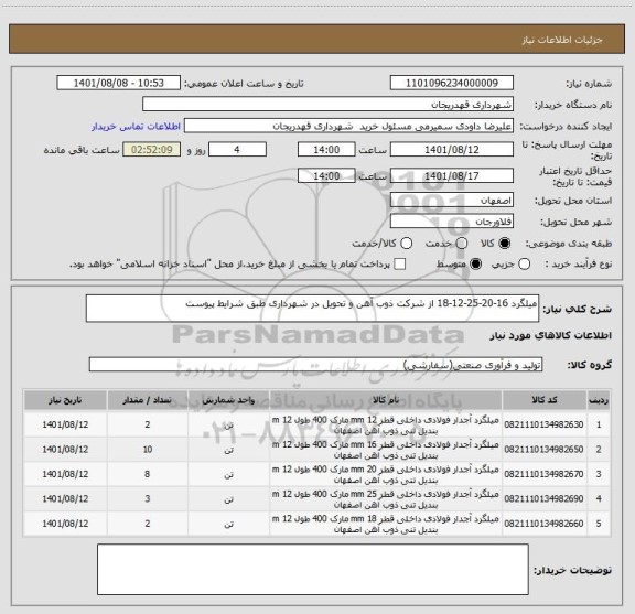 استعلام میلگرد 16-20-25-12-18 از شرکت ذوب آهن و تحویل در شهرداری طبق شرایط پیوست