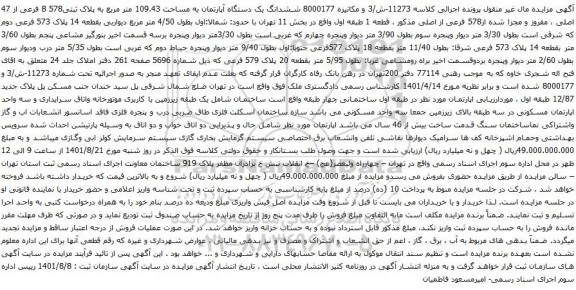 آگهی مزایده ششدانگ یک دستگاه آپارتمان به مساحت 109.43 متر مربع به پلاک ثبتیB 578 فرعی از 47 اصلی ، مفروز و مجزا شده از578 فرعی از اصلی 