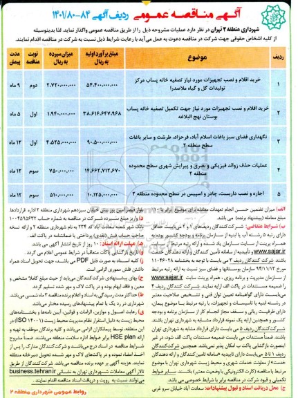 مناقصه خرید اقلام و نصب تجهیزات مورد نیاز تصفیه خانه پساب مرکز تولیدات گل و گیاه ...