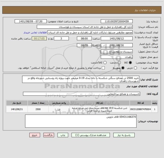 استعلام خرید 2500 تن مصالح سنگی شکسته با دانه بندی 19-0 میلیمتر جهت پروژه راه روستایی شورچاه واقع در شهرستان زاهدان