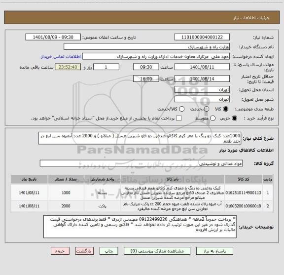 استعلام 1000عدد کیک دو رنگ با مغز کرم کاکائو فندقی دو قلو شیرین عسل ( میلانو ) و 2000 عدد آبمیوه سن ایچ در چند طعم