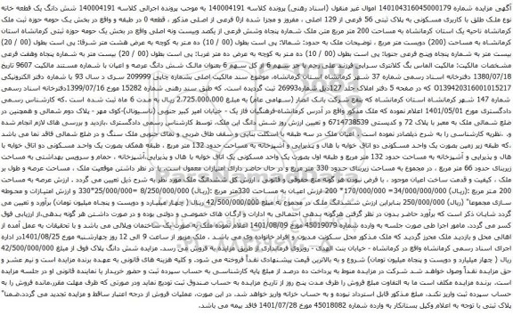 آگهی مزایده شش دانگ یک قطعه خانه نوع ملک طلق با کاربری مسکونی به پلاک ثبتی 56 فرعی از 129 اصلی ، مفروز و مجزا شده از0 فرعی از اصلی