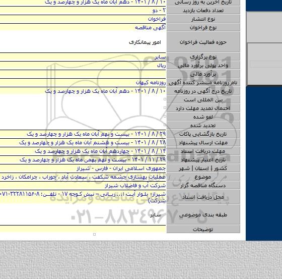 مناقصه, عملیات بهسازی چشمه شکفت ، سعادت آباد ، چوراب ، چرامکان ، زاخرد و ریچی