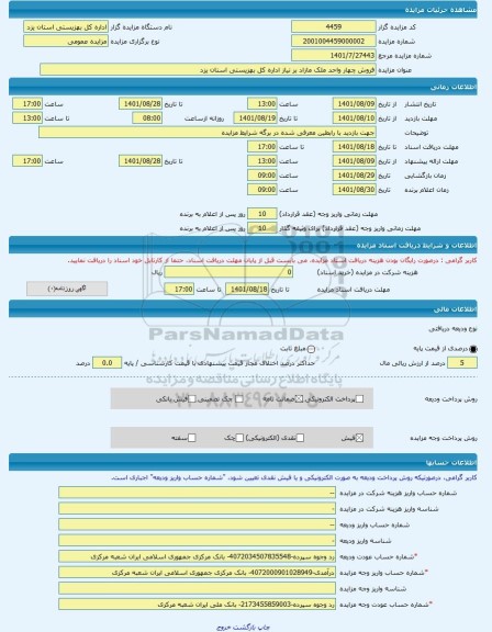 مزایده ، فروش چهار واحد ملک مازاد بر نیاز اداره کل بهزیستی استان یزد -مزایده ساختمان  - استان یزد